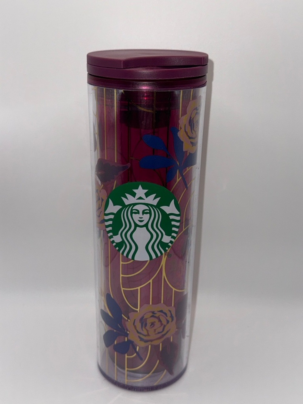 Starbucks Fall 2020 Magenta Gold Floral Art Deco Tumbler 16 oz Burgundy